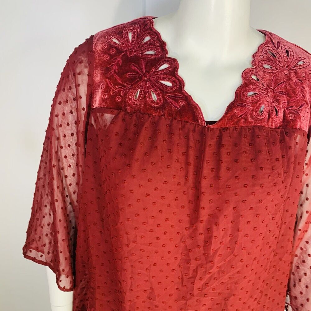 New Style & Co Womans Sz 3X Blouse Lace Sleeve Eyelet Wine Red Sheer NWT - Picture 3 of 9